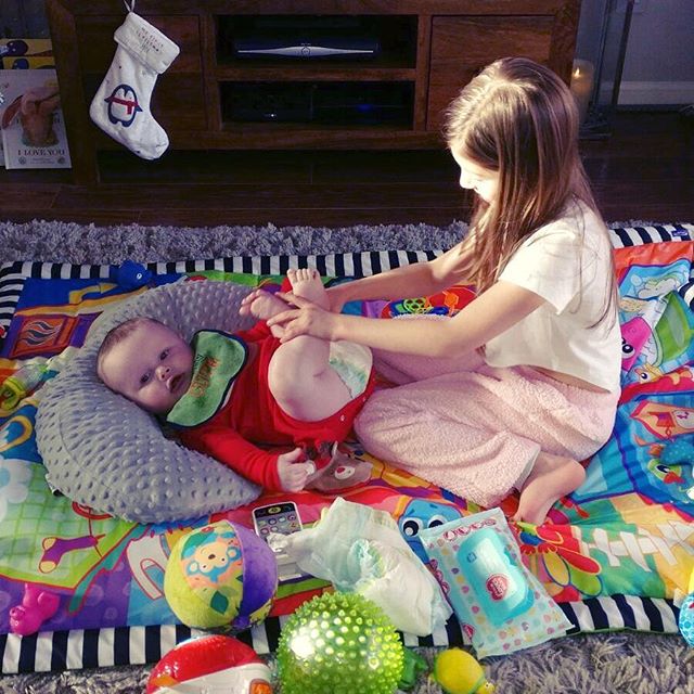 This just happened She now makes his bottles, changes his nappies & makes me espresso! #holly #lucas #gamechanger #firstbornskills